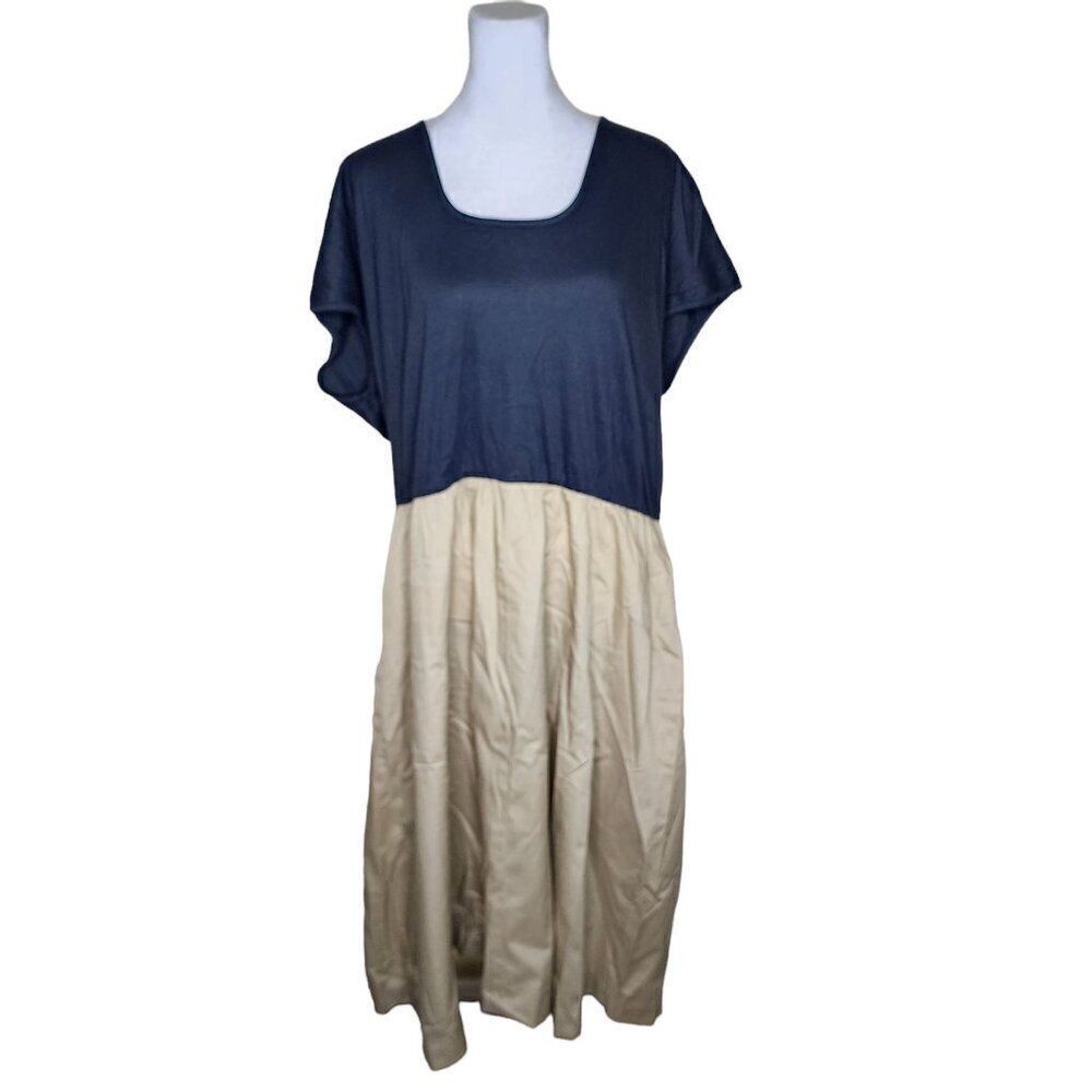 Vintage 80s Cap Sleeve Drop Waist Two Tone Dress Womens Size 2XL Khaki Black